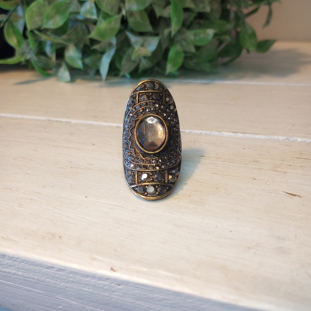Large Bohemian Costume Jewelry Gypsy Moonstone Ring  Size 9  Bronze Cottagecore